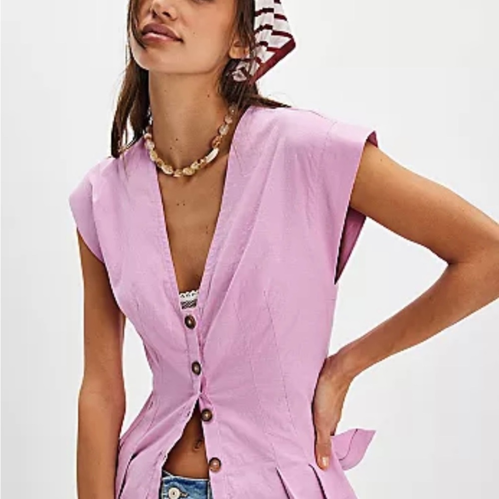 Free People Pink Peplum Button Down Cap Sleeve Top